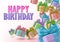 Happy birthday gifts vector concepts design. Birthday greeting text with boxes of gifts elements