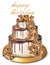 Happy Birthday golden cake Vector. Delicious dessert with gold roses flowers sweet designs