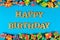 Happy birthday golden text and colorful gifts on a blue