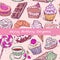 Happy birthday Gorgeous card, note. Hand drawn confectionery seamless pattern croissant Cupcake candy marshmallow ice cream cake