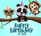 Happy birthday greeting animal party characters vector design. Happy birthday text with cute animals character like panda.
