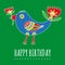 Happy Birthday greeting card. Bright fantastic bird with tulips