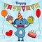 Happy birthday greeting card. A cartoon dog with a gift and a bouquet of flowers, balloons, a heart and a cake with