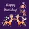 Happy birthday greeting card with cute cartoon foxes, bird, little bear and jumping unicorn on dark lilac background