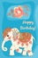 Happy birthday greeting card with cute cartoon indian elephant and falling rose flower on sunny blue background