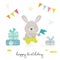 Happy Birthday Greeting Card with Cute Cartoon Scandinavian Style Teddy Rabbit Holding Festive Flag