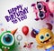 Happy birthday greeting card with cute little monsters creature vector background design