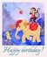 Happy birthday. Greeting card with cute monkey, elephant and small crocodile on watercolor background.