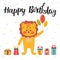 Happy Birthday greeting card. Cute postcard with funny little lion