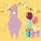 Happy Birthday greeting card with cute purple llama or alpaca. Vector illustration for poster, card, textile or