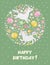 Happy birthday greeting card with cute unicorns and flowers. Magic picture.