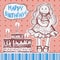 Happy Birthday. Greeting card with a doll and a cake, and a speech bubble. vector. sketch.cartoon