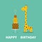 Happy Birthday greeting card. Giraffe spot. Long neck. Cute cartoon character. Cake with dots and fire shining candle. Baby card.