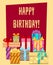 Happy birthday greeting card with a heap of gift boxes
