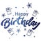 Happy birthday greeting card. Lettering blue isolated illustration on white backgound