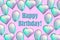 Happy birthday greeting card with neon holographic balloons isolated on pink background.
