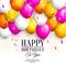 Happy birthday greeting card. Party colorful balloons, gold streamers, confetti and stylish lettering. Vector.