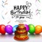 Happy birthday greeting card. Party multicolored balloons, cake, streamers and stilish lettering. Vector.