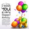 Happy birthday greeting card. Party multicolored balloons, confetti and stilish lettering. Vector.