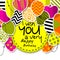 Happy birthday greeting card. Patterned balloons with stars, polka dots, hearts, leopard, chevrons, stripes. Colorful