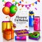 Happy birthday greeting card. Pile of colorful wrapped gift boxes. Party balloons, box chocolates, bunting flag and