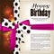 Happy birthday greeting card. Pink bow and ribbon with black polka dots made from silk. Lights, sparkles on brown