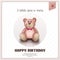 Happy birthday greeting card with pink teddy bear. Vector.