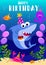 Happy Birthday greeting card with shark, octopus, fish and cartoon sea elements. baby shark birthday greeting card template. Shark