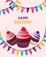 Happy birthday greeting card template with festive cupcakes and colorful flags.