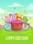 Happy Birthday greeting card. Vector Birthday illustration with funny round animals.