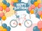 Happy birthday greeting card, vector illustration. Bicycle and balloons, birthday present, party invitation. Anniversary