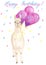 Happy Birthday greeting card with watercolor hand drawn cute llama or alpaca with pink balloons and lettering