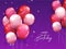 Happy Birthday Greeting or Wishing Card with Glossy Balloons and Silver Confetti Ribbon Decorated on Purple Lighting Effect