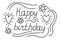 Happy Birthday. Hand-drawn line doodle print for a balloon or t-shirt. Hearts and flowers for girls