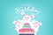 Happy Birthday and Happy Easter, cute rabbit with big cake, confetti celebrate party, Kawaii style, animals cartoon characters