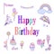 Happy birthday holiday card with colorful balloons, rainbow, ice-cream, cloud and fireworks