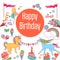 Happy birthday holiday card with unicorns, sweets, strawberry, flags, cloud, baloons, fireworks, stars and rainbow on