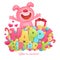 Happy birthday invitation card template with toy pink bunny emoji cartoon character.