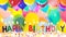 Happy birthday lit candles on colorful balloons