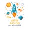 Happy birthday little adventurer. Cute rocket and planets on starry background. Funny postcard template