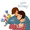 Happy birthday. Man kisses and congratulates a woman, Couple in love with text on a white background. Flat cute design