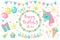 Happy birthday modern cute icons set, cartoon flat style. Party collection of design elements with unicorn, balloons