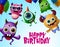 Happy birthday with monster characters vector design. Happy birthday text in flying little monsters creature with colorful balloon