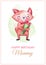 Happy birthday mummy greeting postcard with cute fox character, lettering. Watercolor design for mother with animal.