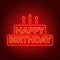 Happy birthday neon sign. Birthday card in the shape of a cake with candles on a dark background