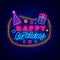 Happy Birthday neon signboard with lettering. Shiny greeting card party hat and present. Vector stock illustration