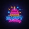 Happy Birthday Neon Text Vector. Happy Birthday neon sign, design template, modern trend design, night neon signboard