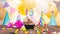 Happy birthday with a number of candles for fifteen years on the background of balloons. A festive muffin with burning candles