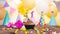 Happy birthday with a number of candles for forty-one years on the background of balloons. A festive muffin with burning candles