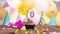 Happy birthday with a number of candles for seventy years on the background of balloons. A festive muffin with burning candles